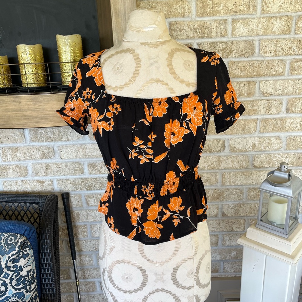 Miss Selfridge black and orange floral square neck top size 6